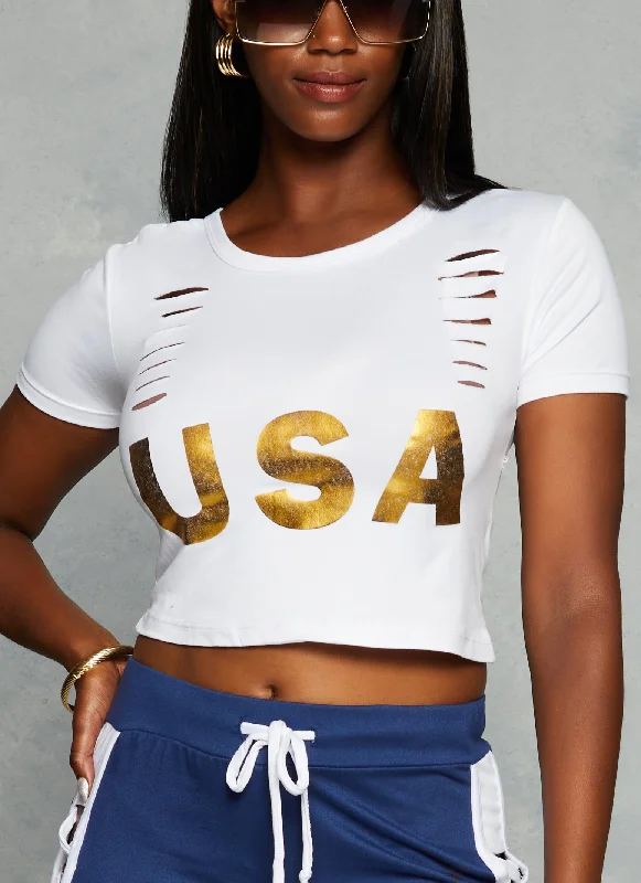 New Discounts Just Dropped!New Discounts Just Dropped!Slashed Foil USA Graphic Crop Top